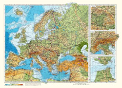 Detailed physical map of Europe in Russian.