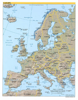 Detailed political and relief map of Europe.