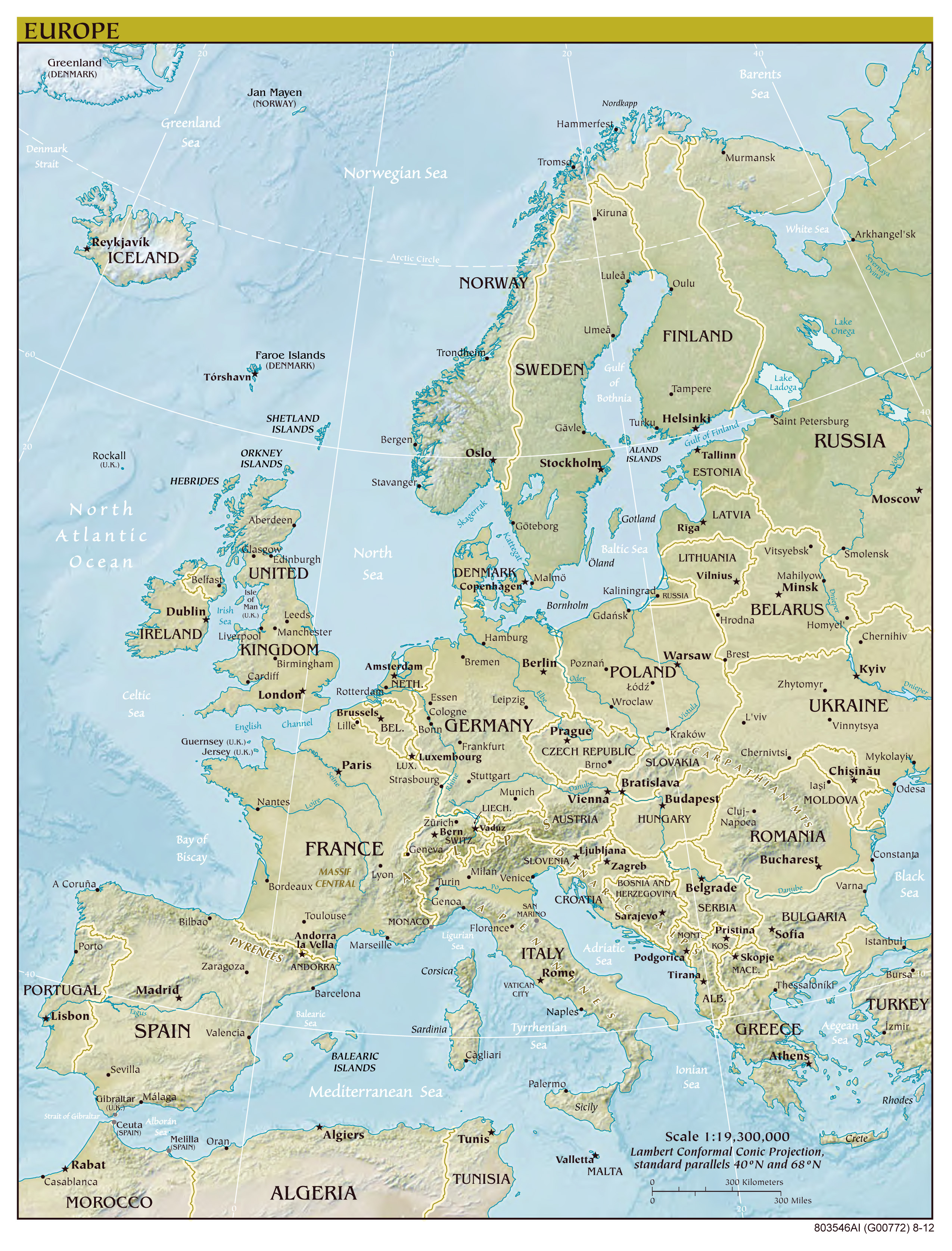 Large Detailed Political Map Of Europe With Relief And All Capitals 