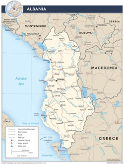 Detailed political map of Albania with roads and cities.