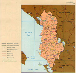 Political and administrative map of Albania with roads.