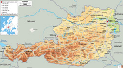 Detailed physical map of Austria with cities roads and airports.