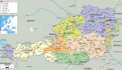 Detailed political and administrative map of Austria with cities roads and airports.