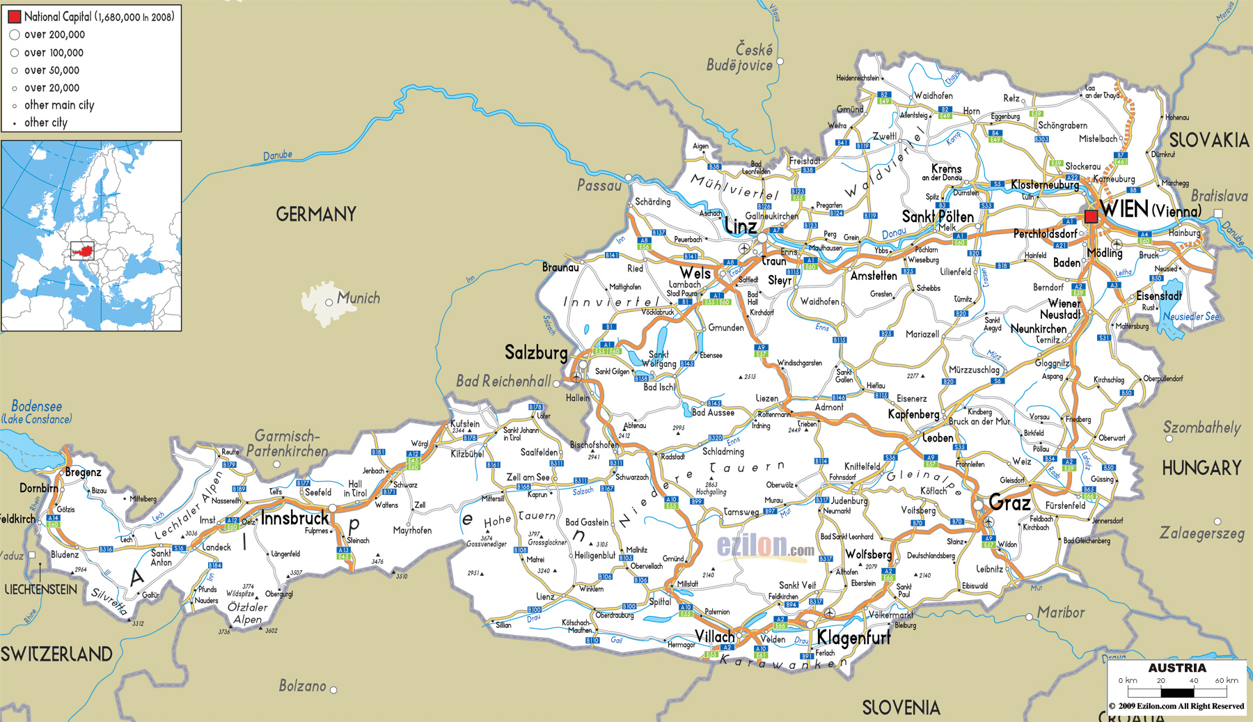 Detailed Road Map Of Austria With Cities And Airports 