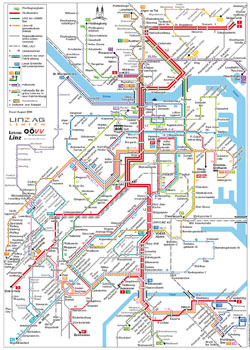 Detailed public transportation map of Linz city.