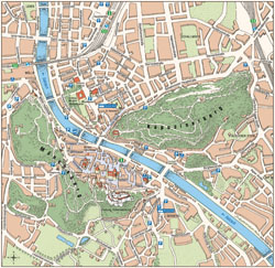 Large tourist map of Salzburg city center.