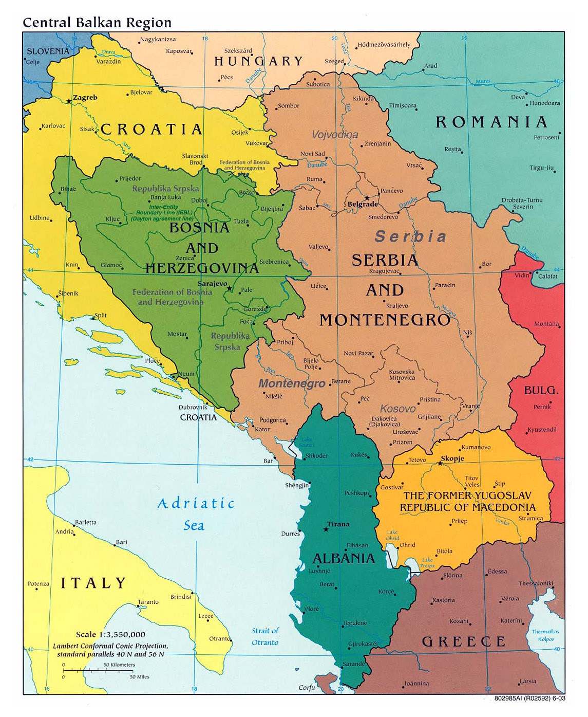 Detailed Political Map Of Central Balkan Region With Major Cities 2003 