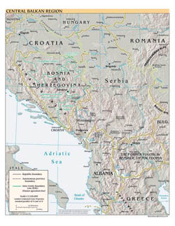 Detailed political map of Central Balkan Region with relief and major cities - 1999.