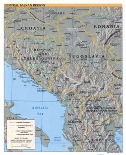 Detailed political map of Central Balkan Region with relief and major cities - 2001.