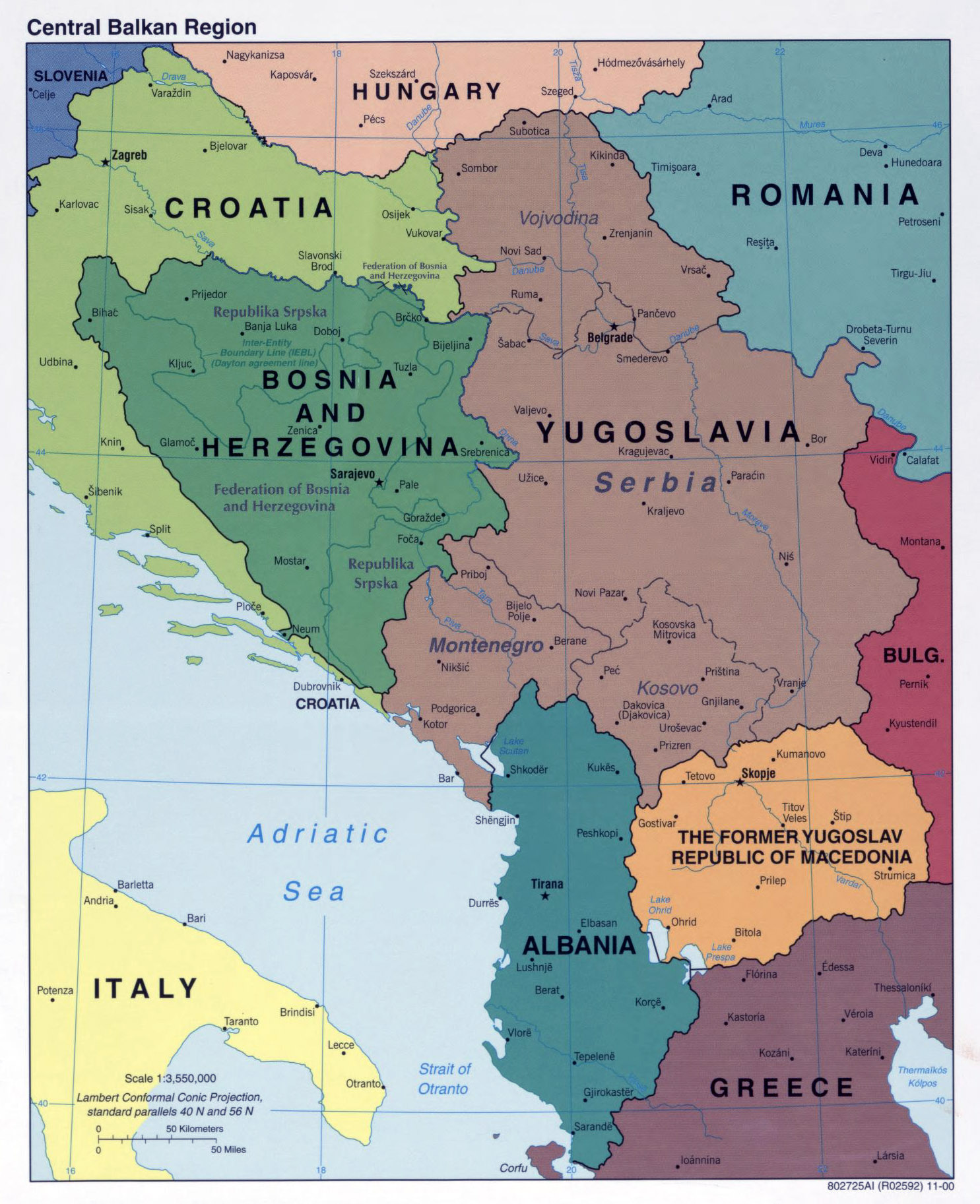 Large Detailed Political Map Of Central Balkan Region With Major Cities 2000 