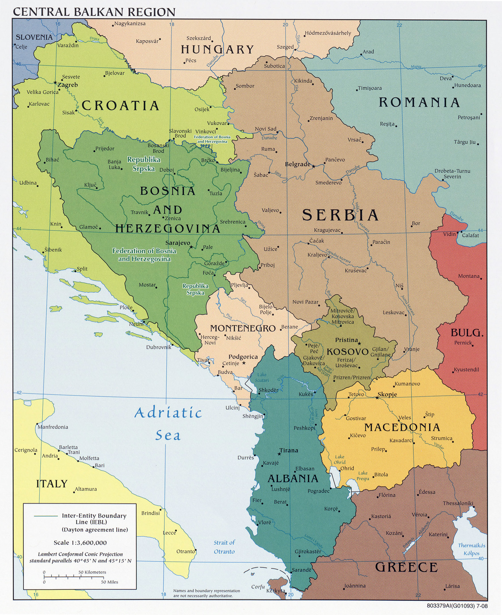 Large Detailed Political Map Of Central Balkan Region With Major Cities 2008 