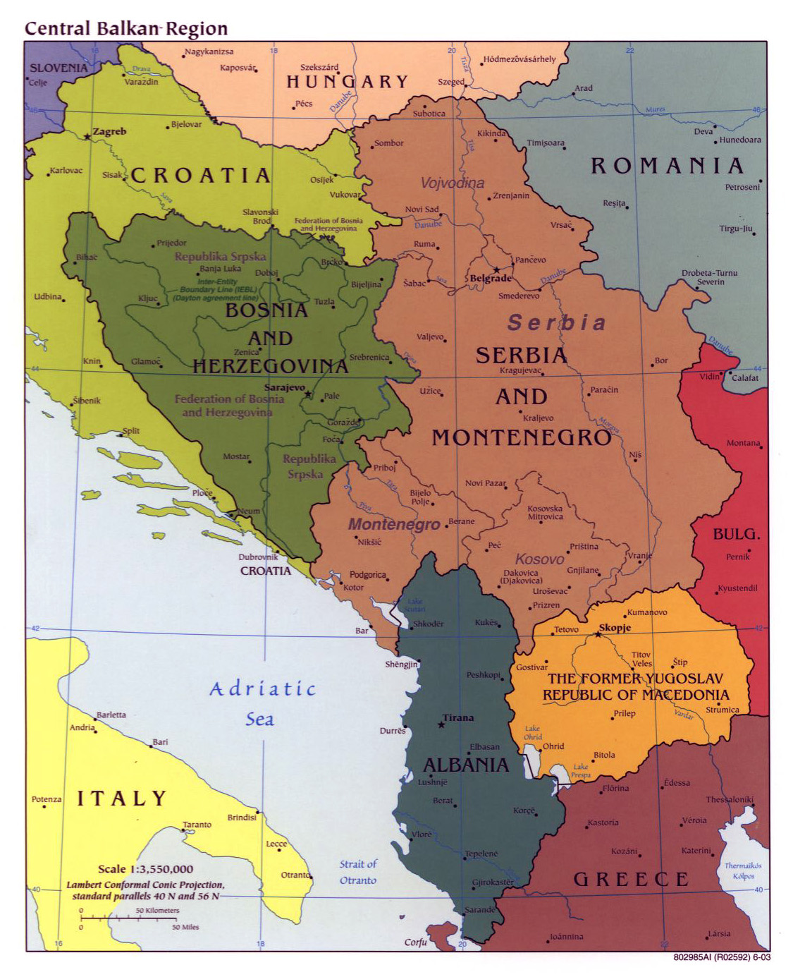 Large Political Map Of Central Balkan Region With Major Cities 2003 
