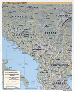 Large political map of Central Balkan Region with relief and major cities - 1999.