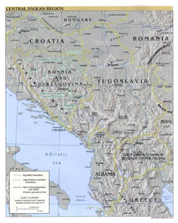 Large political map of Central Balkan Region with relief and major cities - 2001.