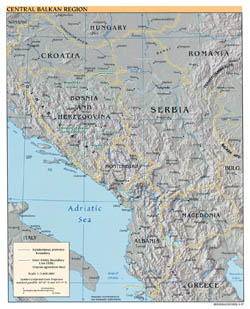 Large political map of Central Balkan Region with relief and major cities - 2007.