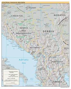 Large scale political map of Central Balkan Region with relief and major cities - 2007.