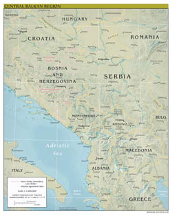 Large scale political map of Central Balkan Region with relief, major roads and major cities - 2009.