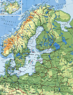 Detailed elevation map of Scandinavia.