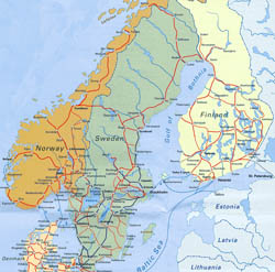 Detailed railways map of Scandinavia.