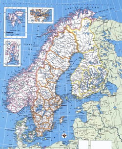 Large detailed political map of Norway, Sweden, Finland and Denmark.