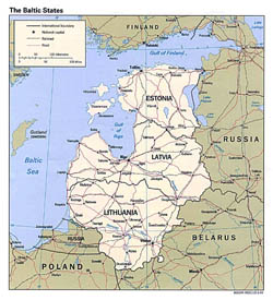 Large political map of the Baltic States with roads and major cities - 1994.