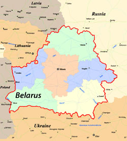 Administrative map of Belarus with international corridors.