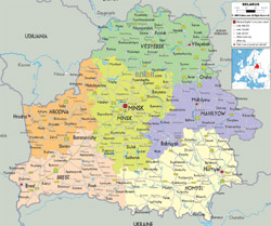 Detailed political and administrative map of Belarus with roads cities and airports.