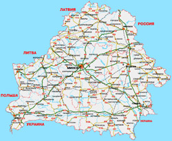 Large detailed road map of Belarus with all cities and airports in russian.