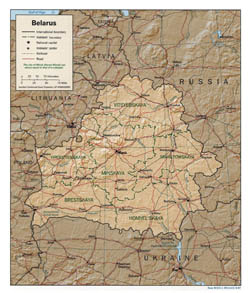 Political and administrative map of Belarus with relief.