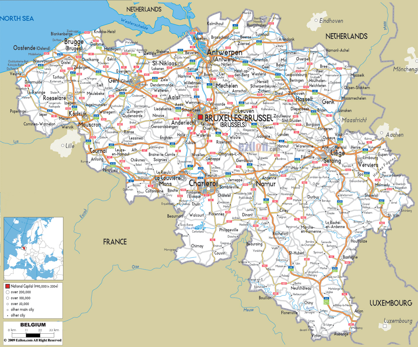 Detailed Road Map Of Belgium With Cities And Airports 