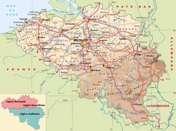 Physical map of Belgium with roads and cities and airports.