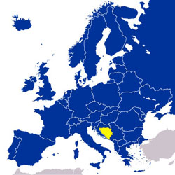 Bosnia and Herzegovina on map of Europe.