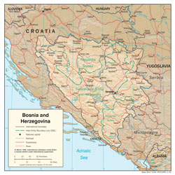 Detailed political and administrative map of Bosnia and Herzegovina with relief, cities and roads.
