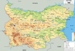 Detailed physical map of Bulgaria with roads and cities.