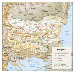 Detailed political and administrative map of Bulgaria with relief.