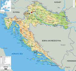 Detailed physical map of Croatia with roads cities and airports.