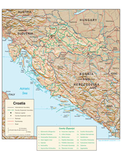 Detailed political and administrative map of Croatia with relief, roads and cities.