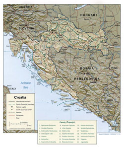 Detailed political and administrative map of Croatia with relief.