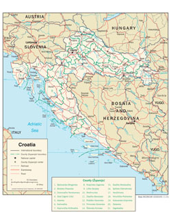 Detailed political and administrative map of Croatia with roads and cities.