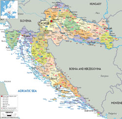Detailed political and administrative map of Croatia with roads, cities and airports.