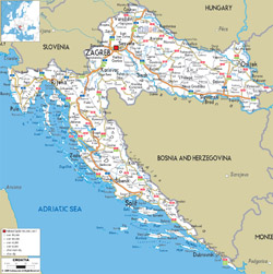 Detailed road map of Croatia with cities and airports.