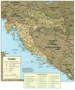 Political and administrative map of Croatia with relief.