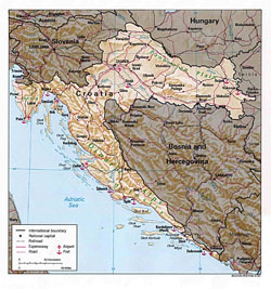 Political map of Croatia with relief.