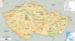 Detailed physical map of Czech Republic-with roads, cities and airports.
