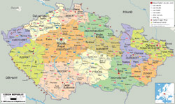 Detailed political and administrative map of Czech Republic with roads, cities and airports.