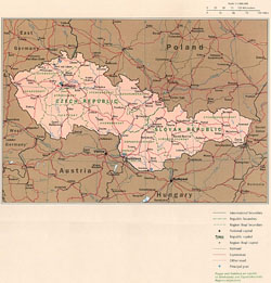 Detailed political map of Czech Republic and Slovak Republic.