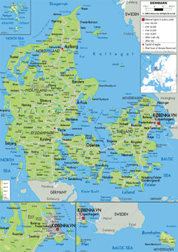 Detailed physical map of Denmark with roads, cities and airports.