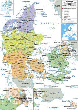 Detailed political and administrative map of Denmark with roads, cities and airports.