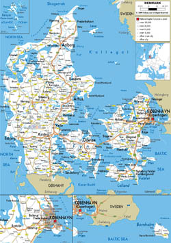 Detailed road map of Denmark with cities and airports.