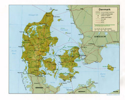 Political and administrative map of Denmark with relief.